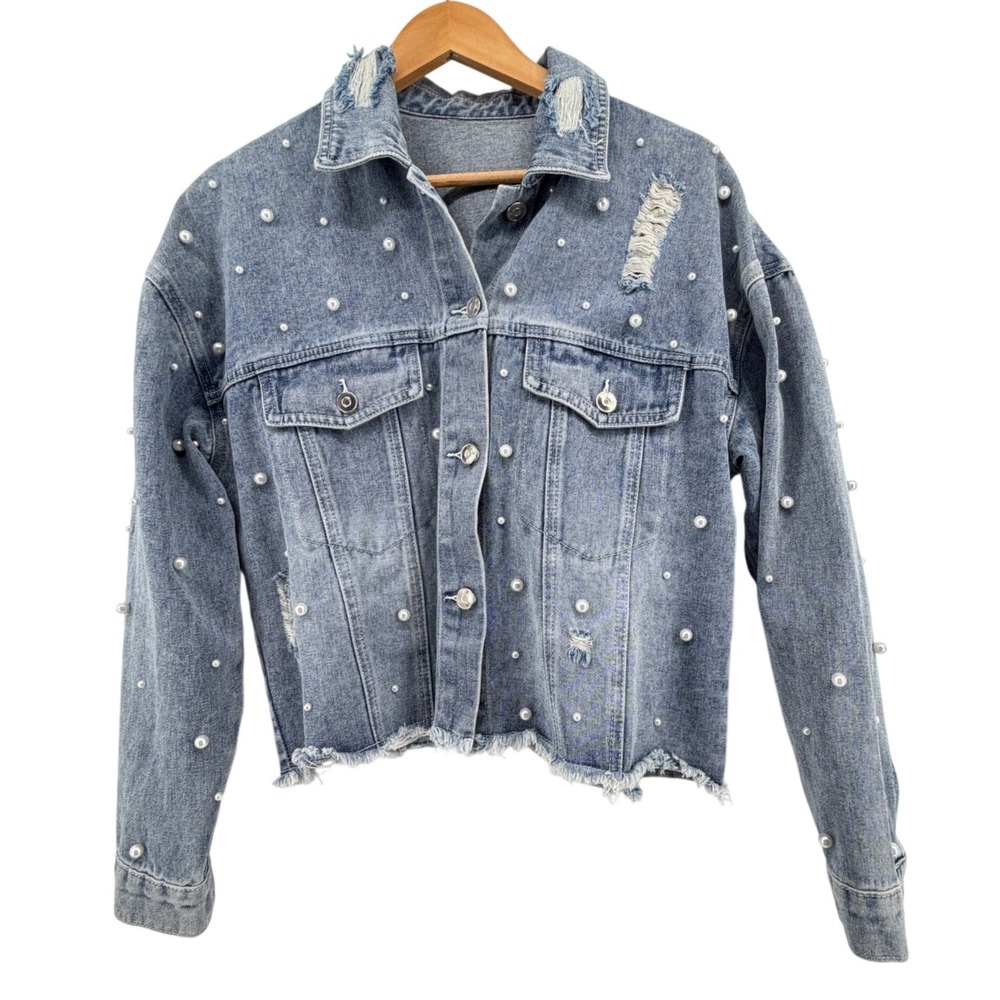 Pearl Embellished Distressed Denim Jacket Women's Small Acid Wash Raw Hem